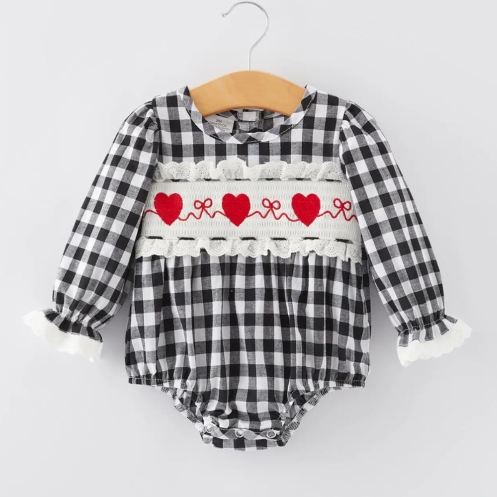 Black and White Plaid Heart Print Smocked Romper Onesie